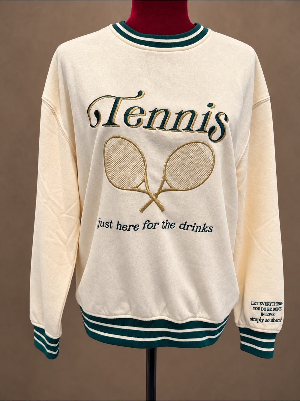 NWT Simply Southern Cream 'Tennis' Graphic Sweatshirt w/Green & gold embroidery